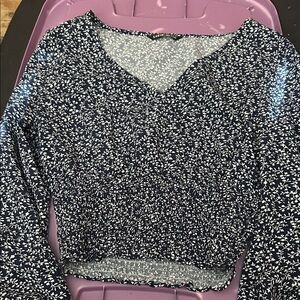 SHEIN Navy and White Floral V-Neck Blouse